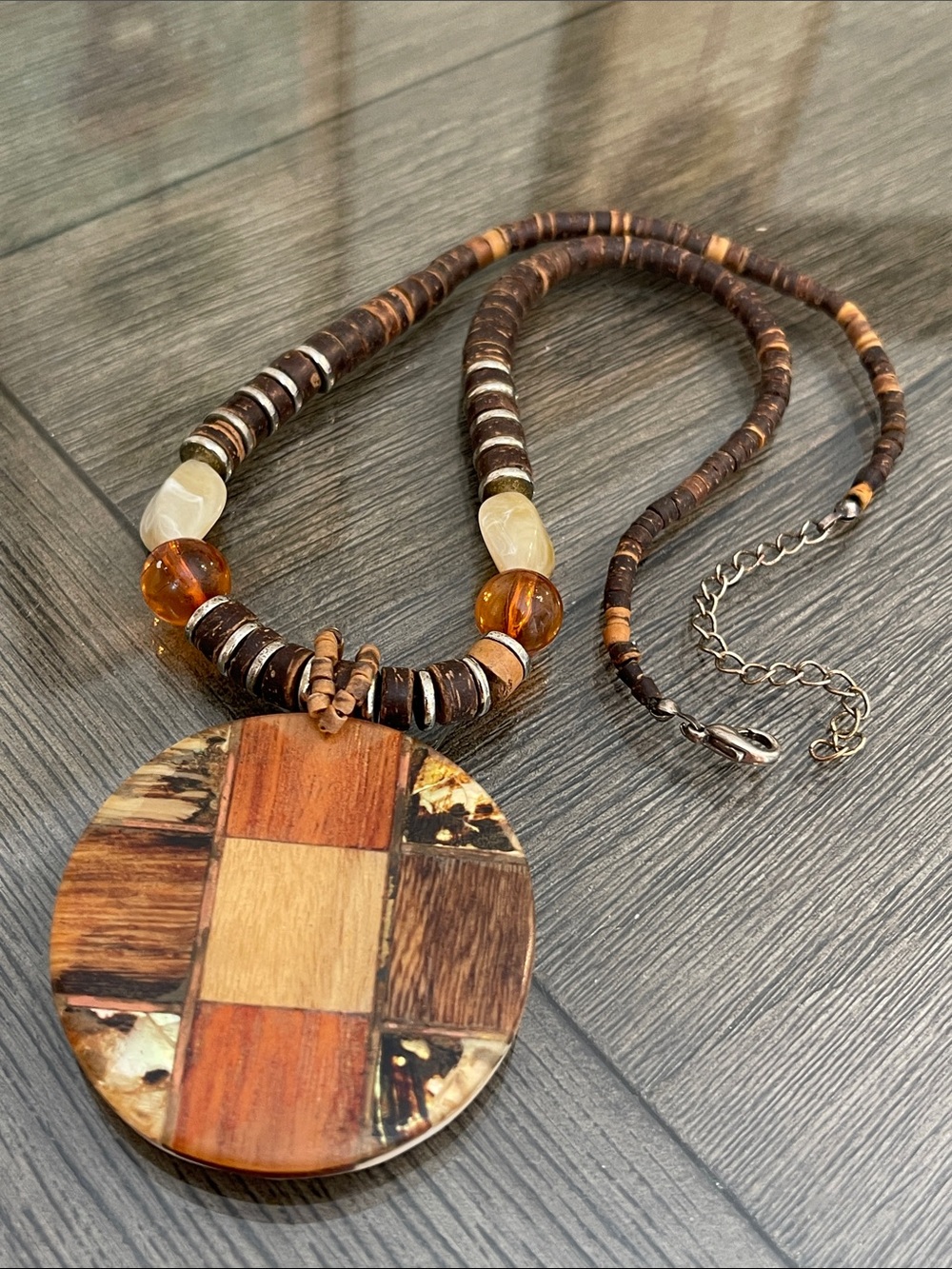 Vintage Patchwork Wood & Beaded Necklace